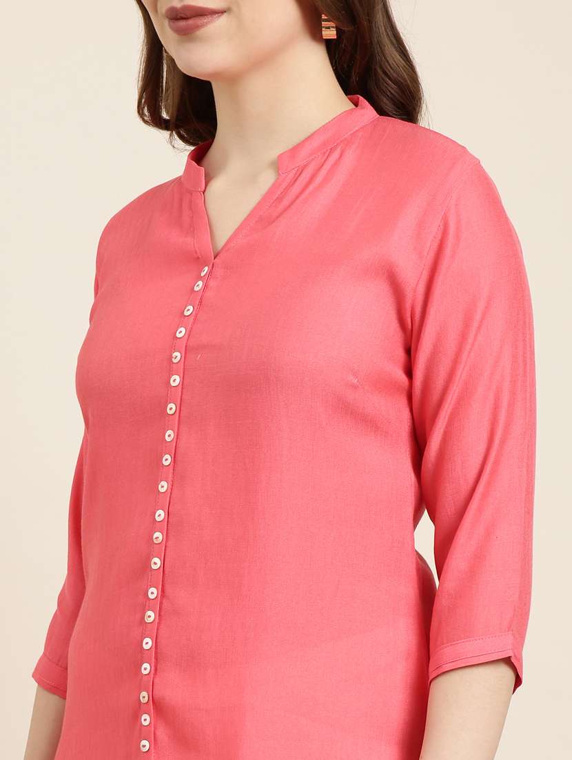 women pink mandarin neck straight kurta - 20960955 -  Standard Image - 5