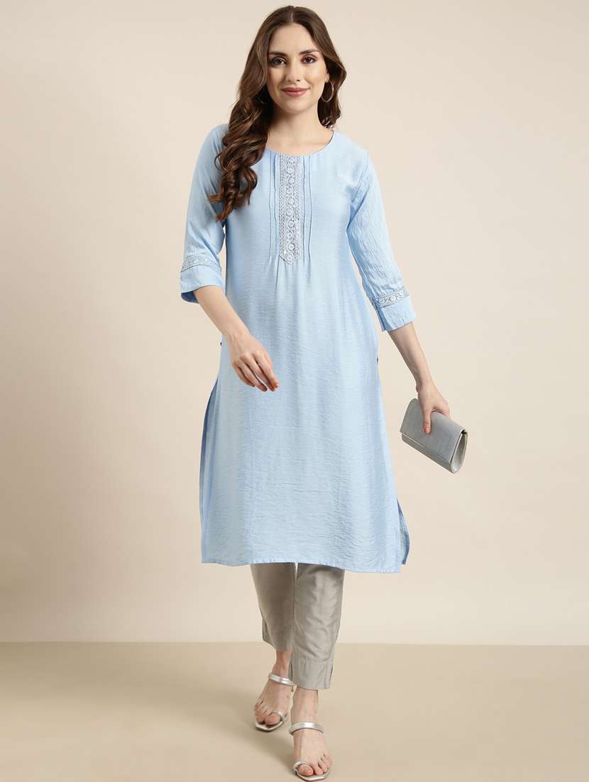 women purist blue round neck straight kurta - 20960959 -  Standard Image - 3