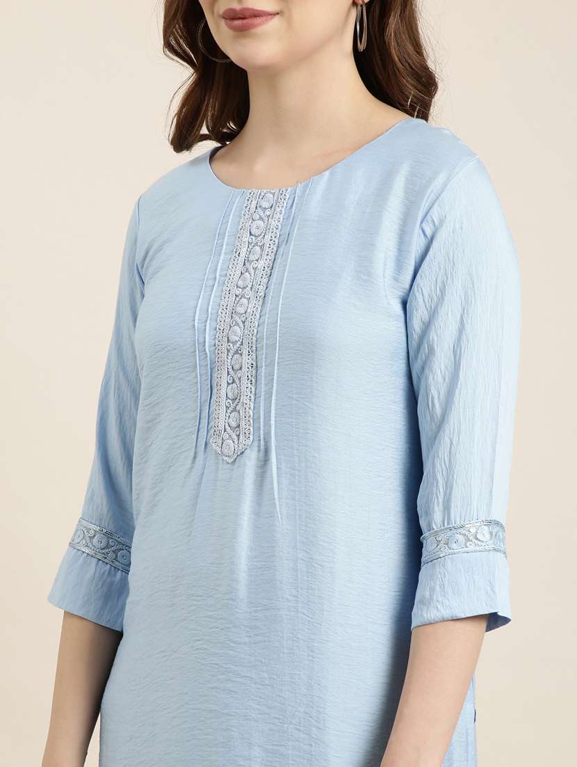 women purist blue round neck straight kurta - 20960959 -  Standard Image - 5