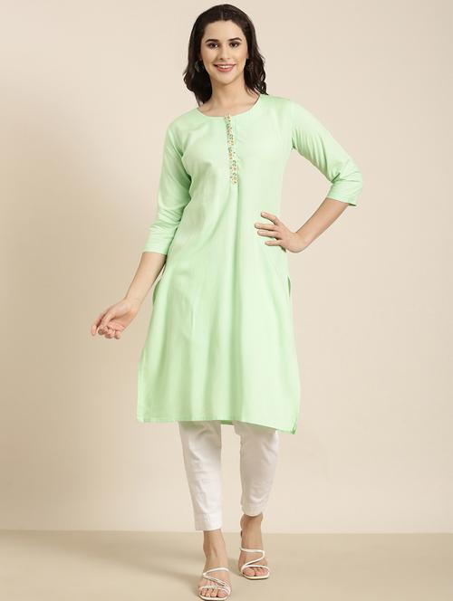 women green round neck straight kurta - 20960962 -  Standard Image - 0