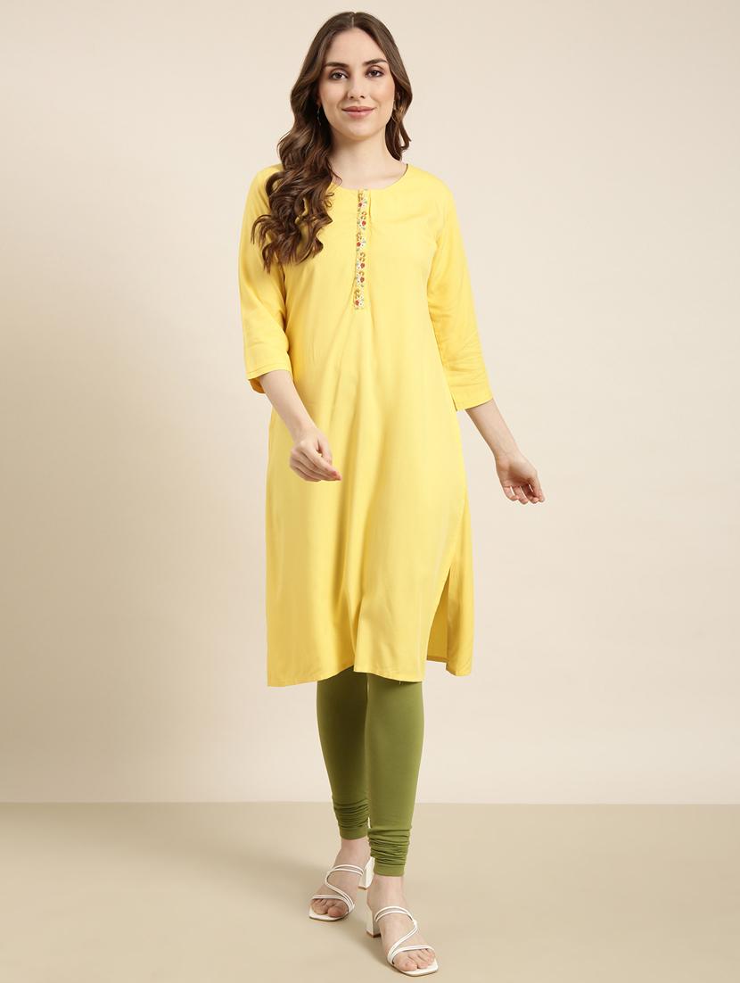 women yellow round neck straight kurta - 20960963 - Standard Image - 3