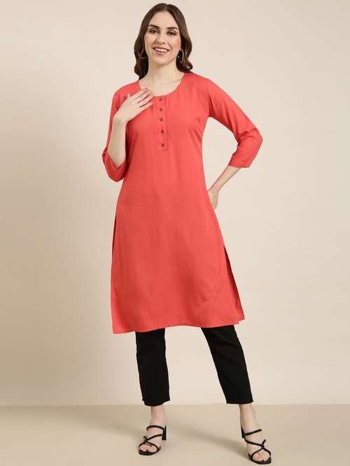 women coral round neck straight kurta - 20960966 -  Standard Image - 0
