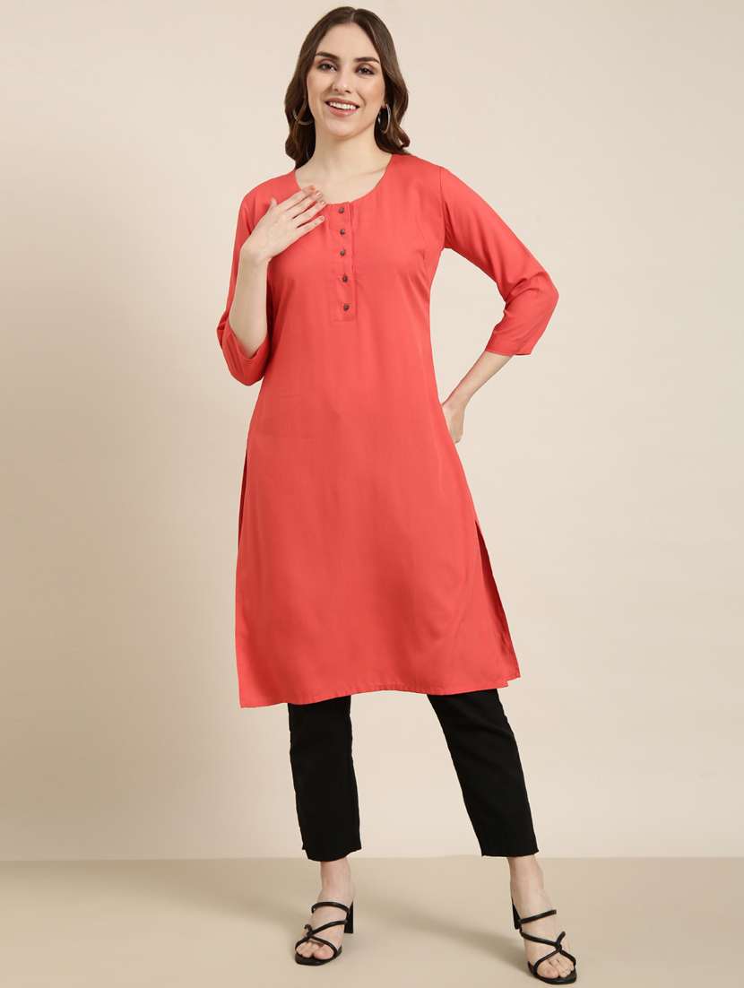 women coral round neck straight kurta - 20960966 -  Zoom Image - 0