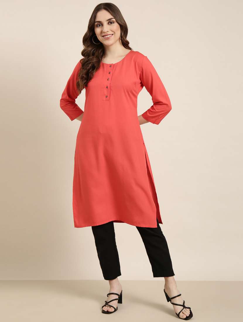 women coral round neck straight kurta - 20960966 -  Standard Image - 3