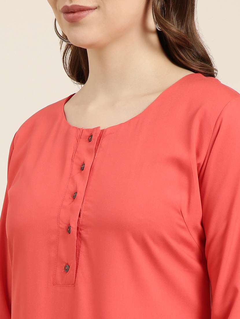 women coral round neck straight kurta - 20960966 -  Standard Image - 5