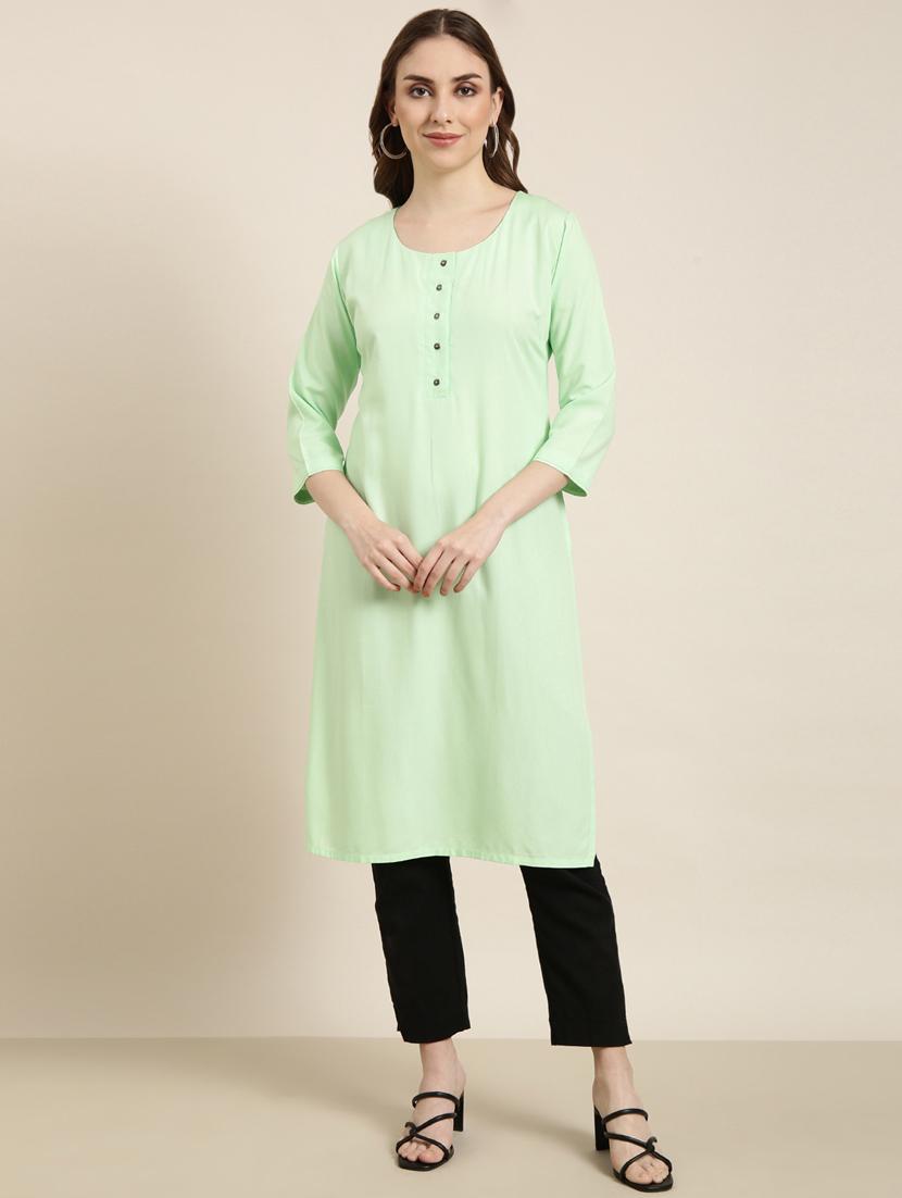women green round neck straight kurta - 20960967 - Zoom Image - 0