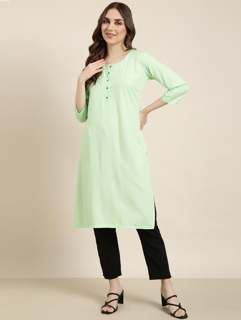 women green round neck straight kurta - 20960967 - Standard Image - 3