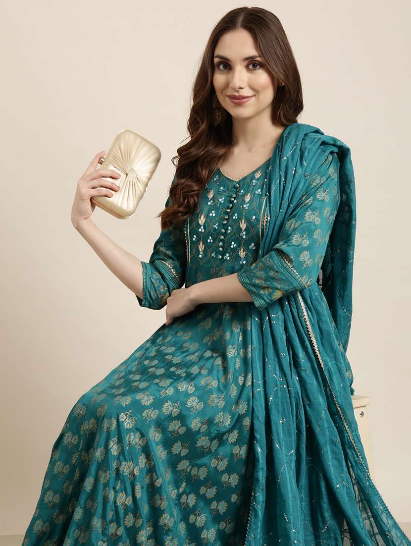 women foil print v neck kurta dupatta set - 20960973 -  Standard Image - 8