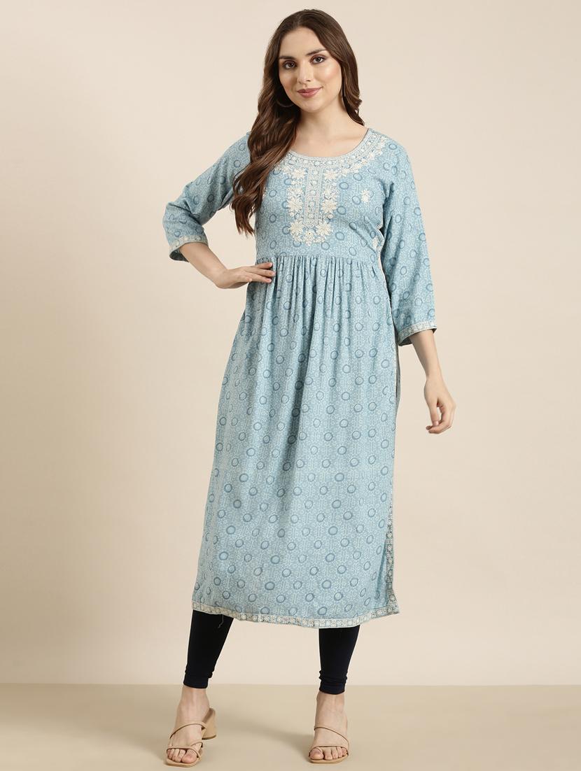 women light blue round neck a-line kurta - 20960991 - Standard Image - 3