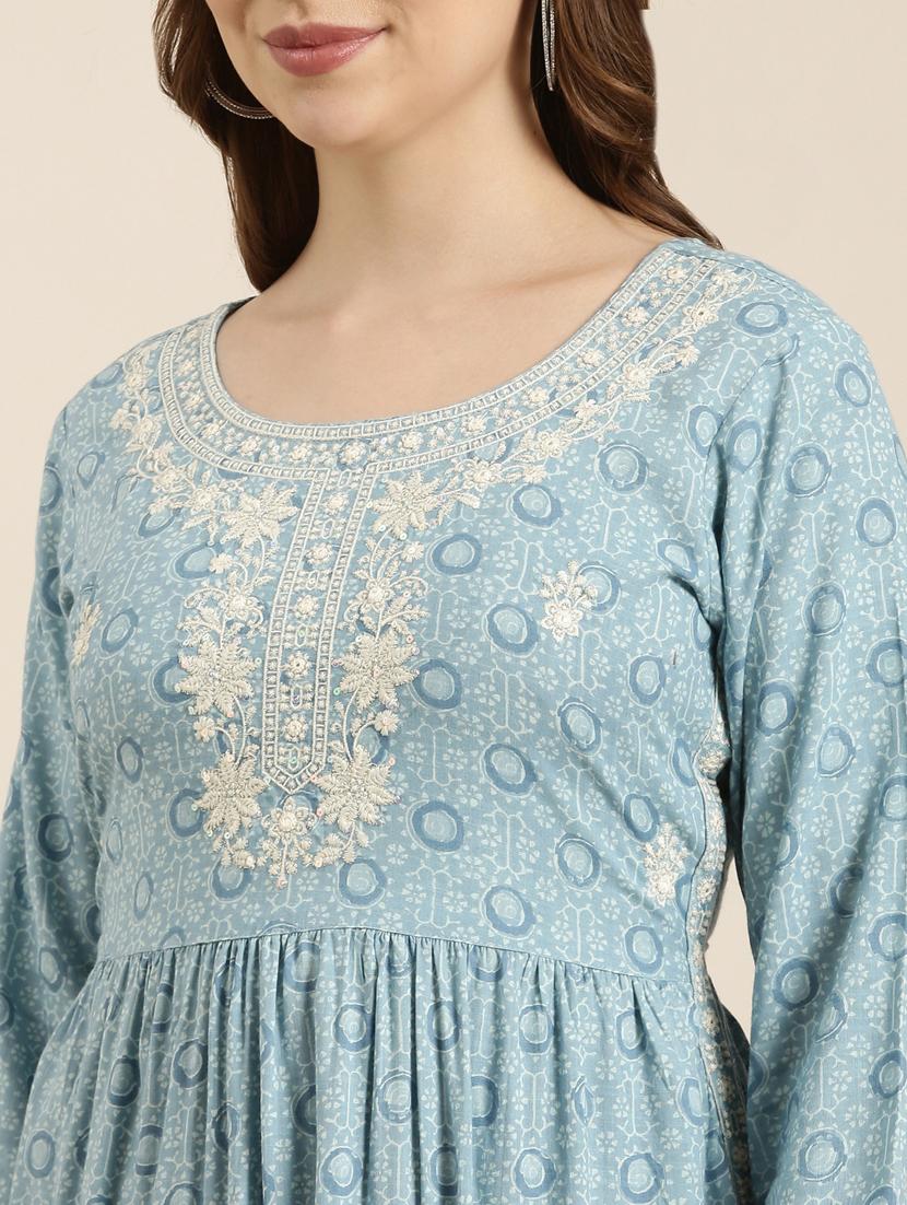 women light blue round neck a-line kurta - 20960991 - Standard Image - 5