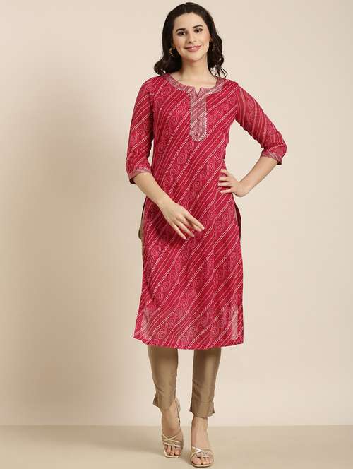 women pink notch neck straight kurta - 20961008 -  Standard Image - 0