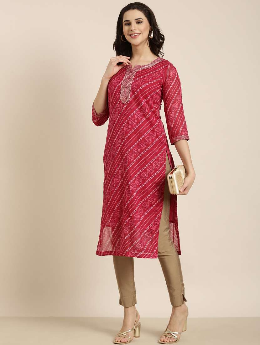 women pink notch neck straight kurta - 20961008 -  Standard Image - 3