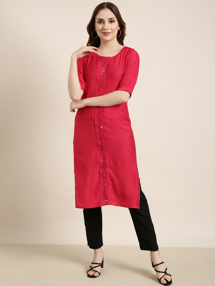 women red round neck straight kurta - 20961013 - Zoom Image - 0