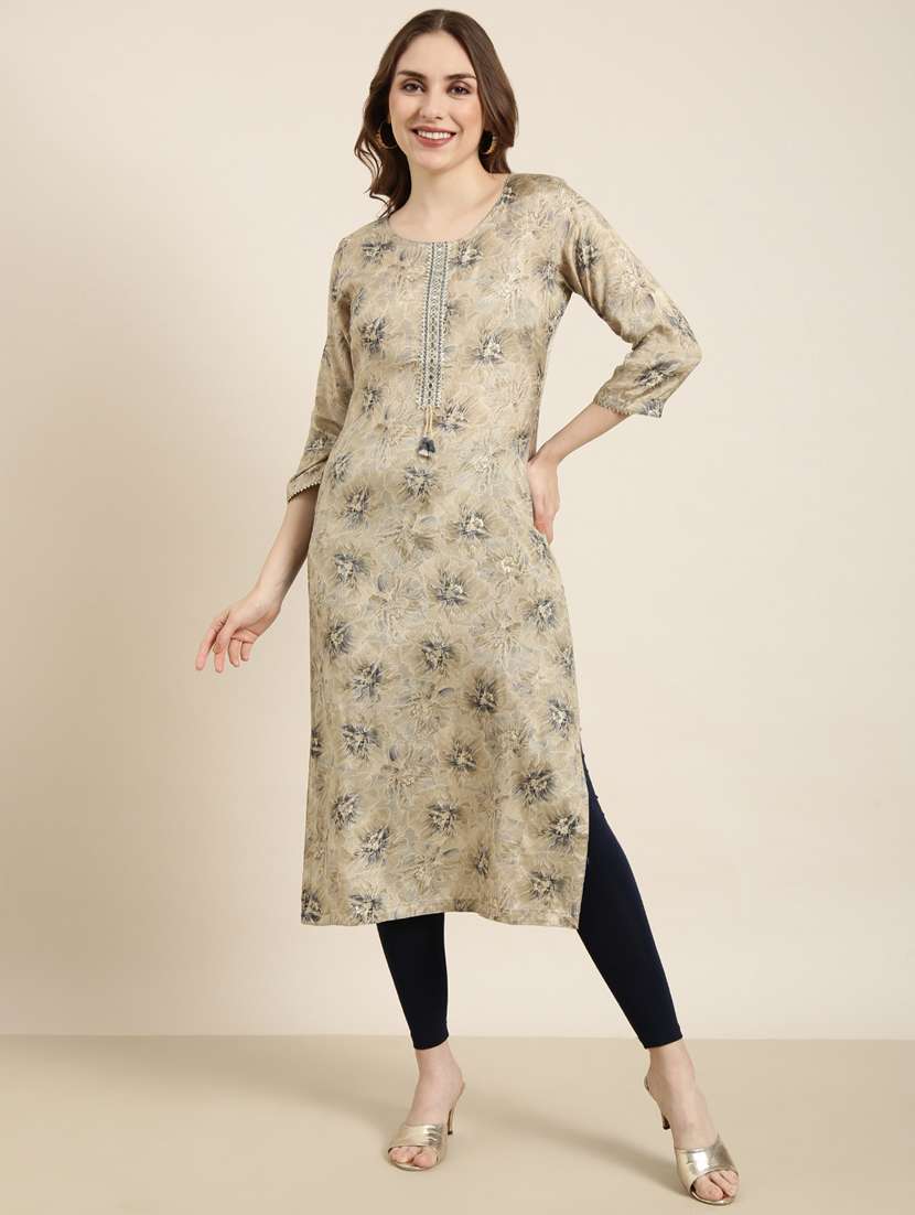 women beige round neck straight kurta