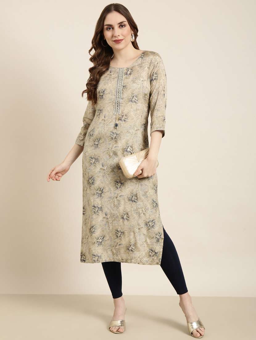women beige round neck straight kurta - 20961016 -  Standard Image - 3