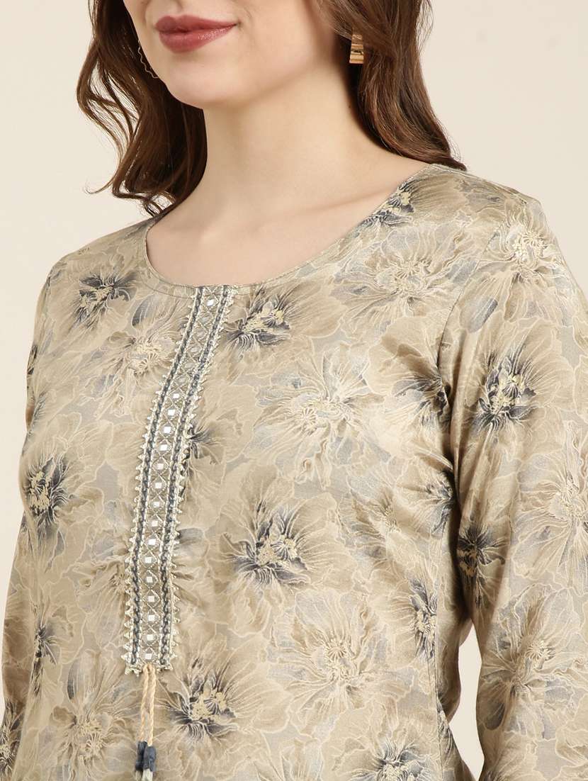 women beige round neck straight kurta - 20961016 -  Standard Image - 5