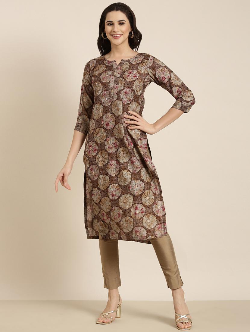 women brown notch neck straight kurta