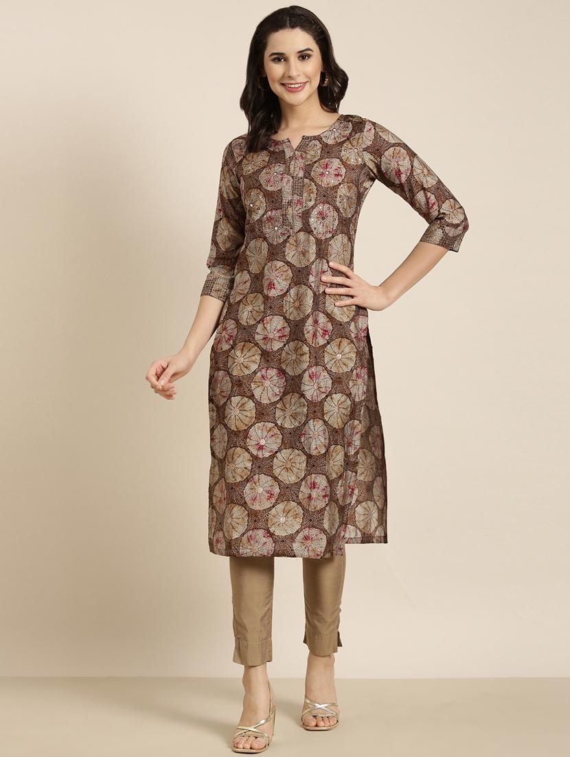 women brown notch neck straight kurta - 20961019 - Standard Image - 3
