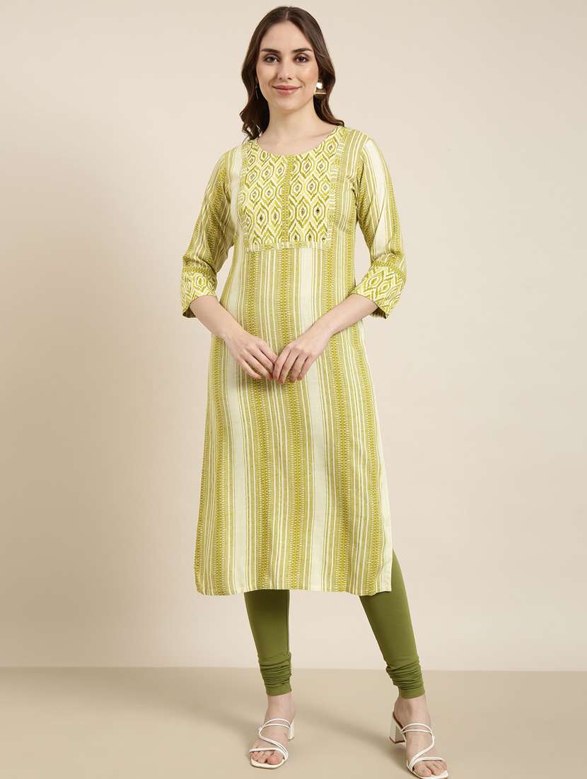women lime round neck straight kurta