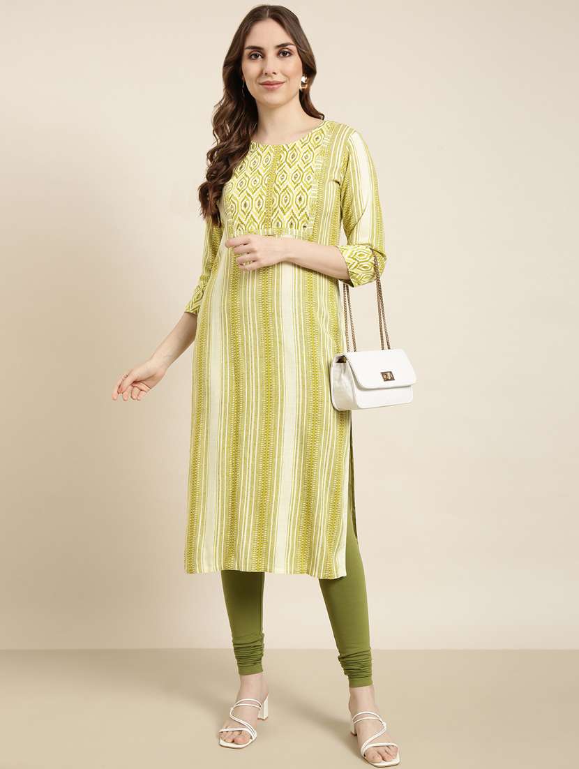 women lime round neck straight kurta - 20961030 -  Standard Image - 3
