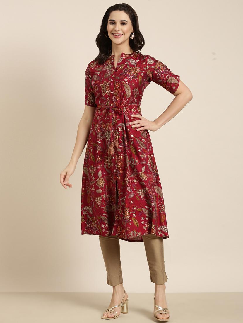 women maroon mandarin neck a-line kurta - 20961039 - Standard Image - 3