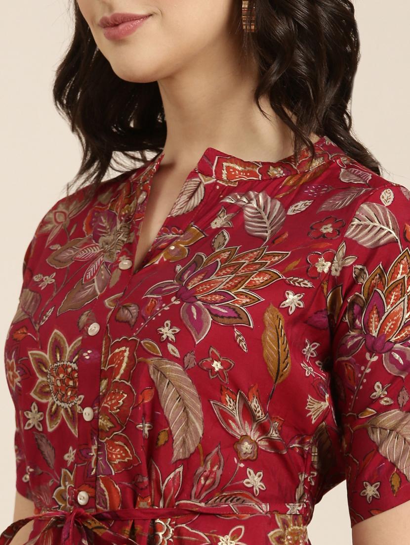 women maroon mandarin neck a-line kurta - 20961039 - Standard Image - 5