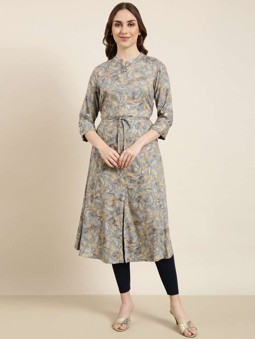 women grey mandarin neck a-line kurta - 20961052 - Zoom Image - 0