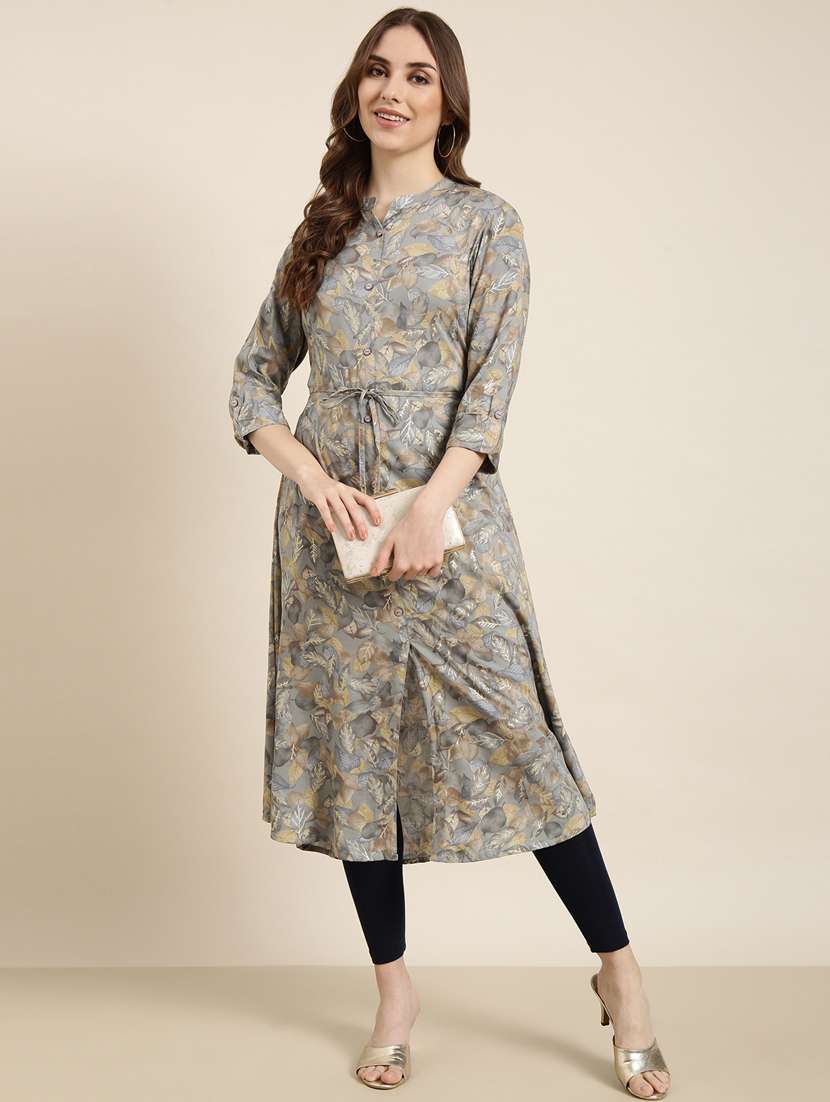 women grey mandarin neck a-line kurta - 20961052 - Standard Image - 3