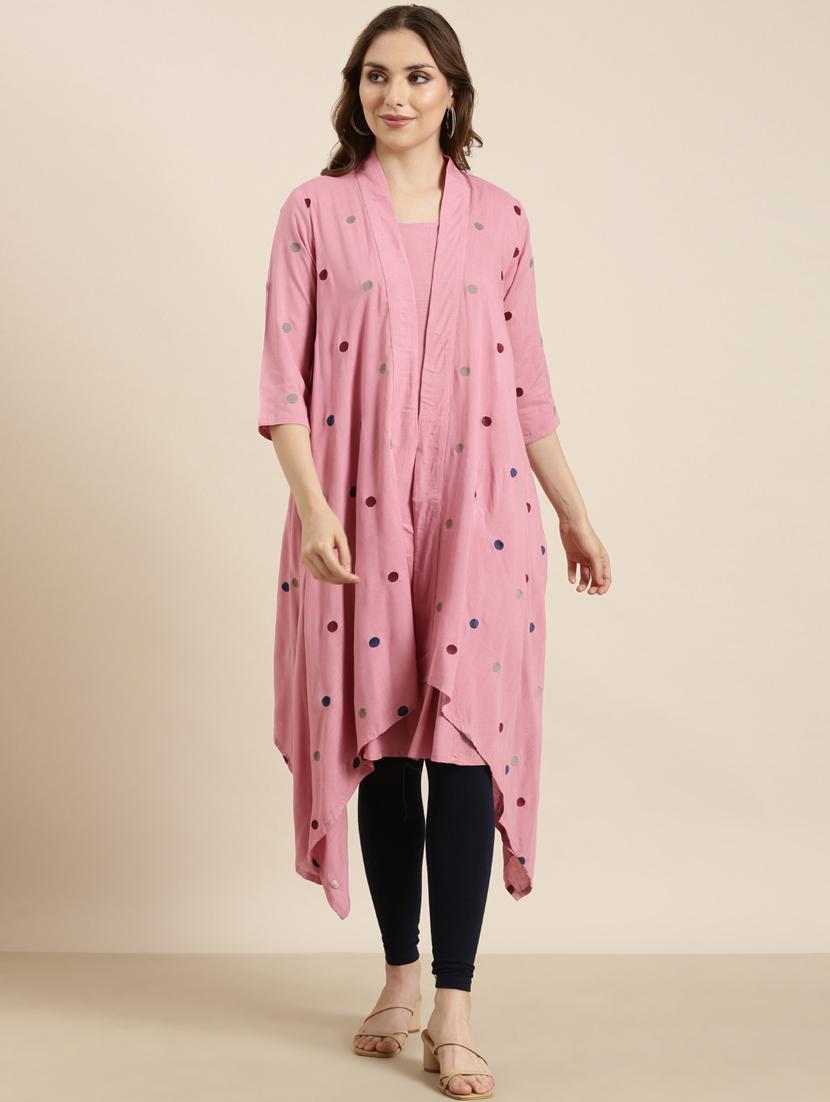 women pink solid a-line kurta with long shrug - 20961058 - Zoom Image - 0
