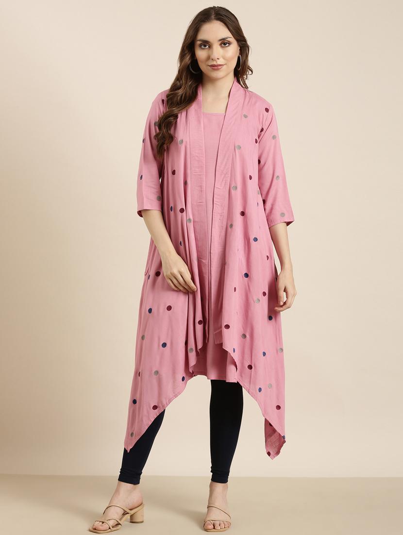women pink solid a-line kurta with long shrug - 20961058 - Standard Image - 3