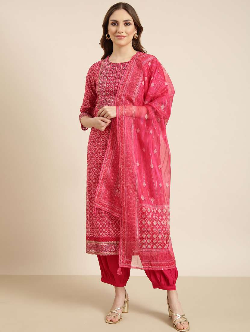 women pink printed kurta salwar set with dupatta