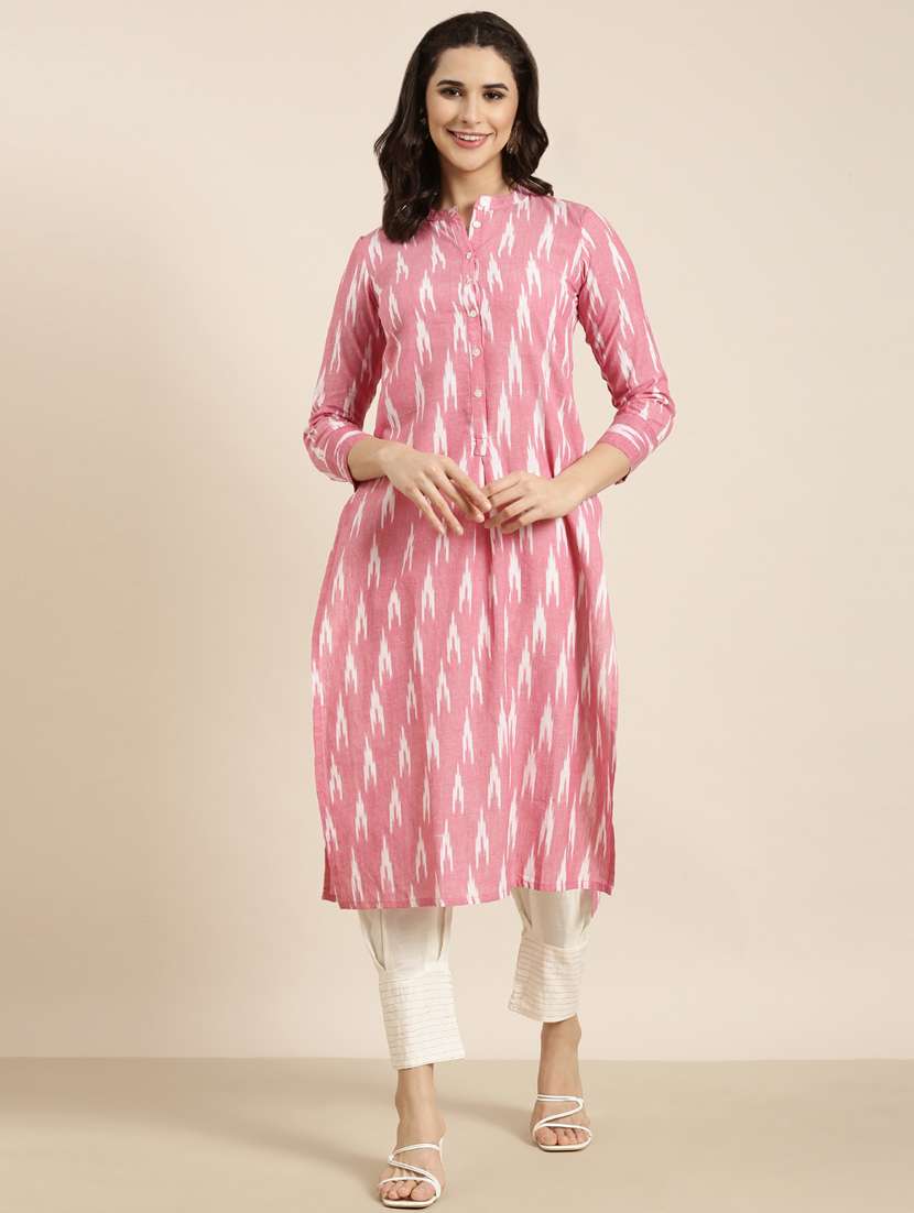 women pink ikat mandarin neck kurta pant set - 20961097 -  Standard Image - 3