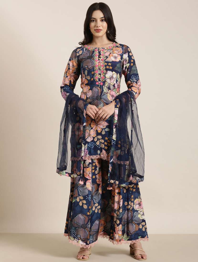women floral round neck kurta sharara set with dupatta