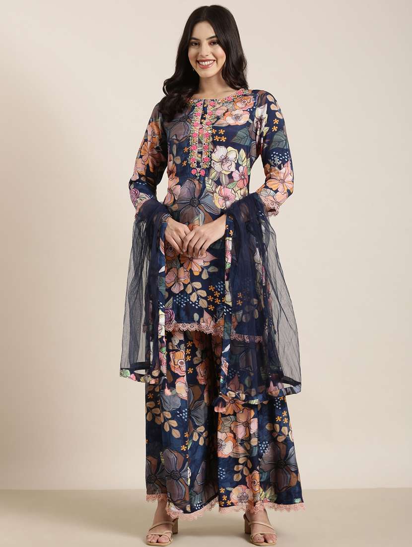 women floral round neck kurta sharara set with dupatta - 20961106 -  Standard Image - 3