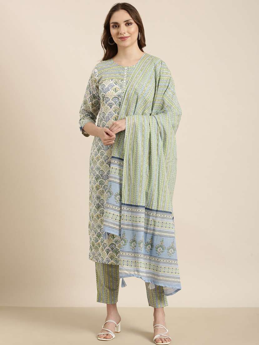 women printed round neck kurta pant set with dupatta