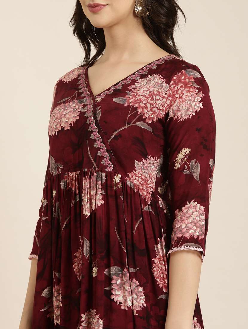 women maroon floral kurta pant set with dupatta - 20961205 -  Standard Image - 5