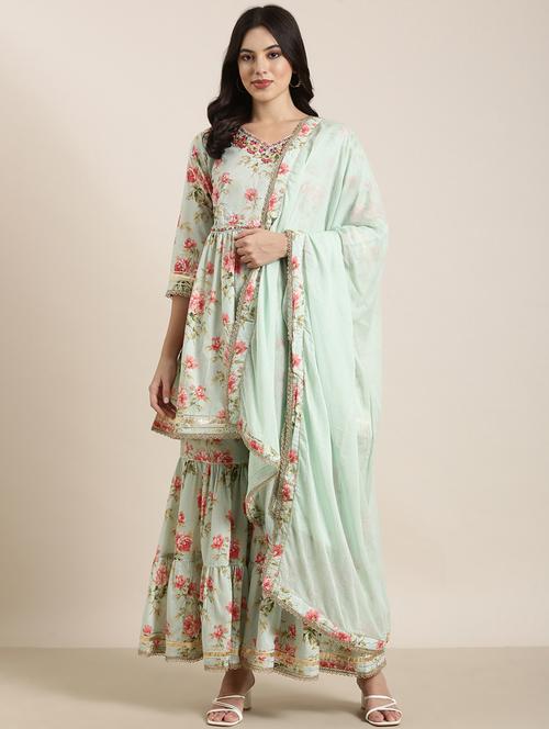 women sea green floral printed kurta sharara set with dupatta - 20961206 - Standard Image - 0