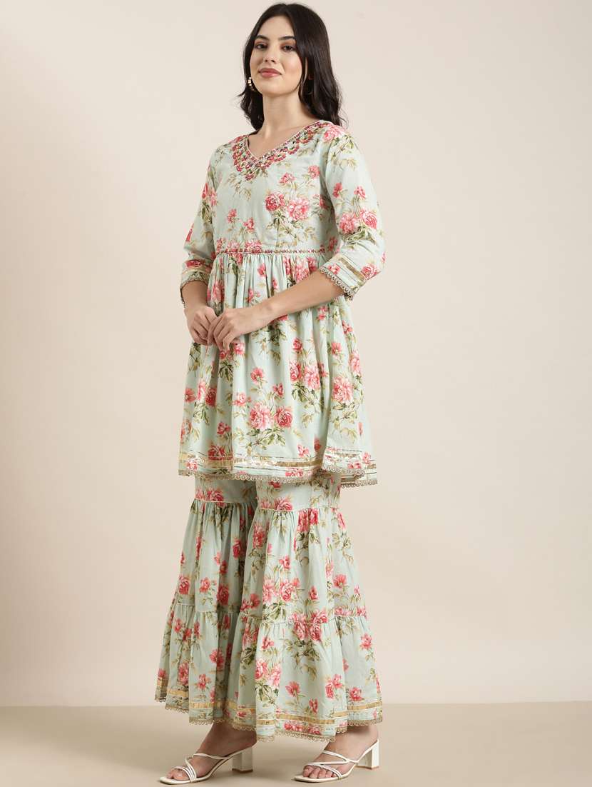 Women Sea Green Floral Printed Kurta Sharara Set With Dupatta