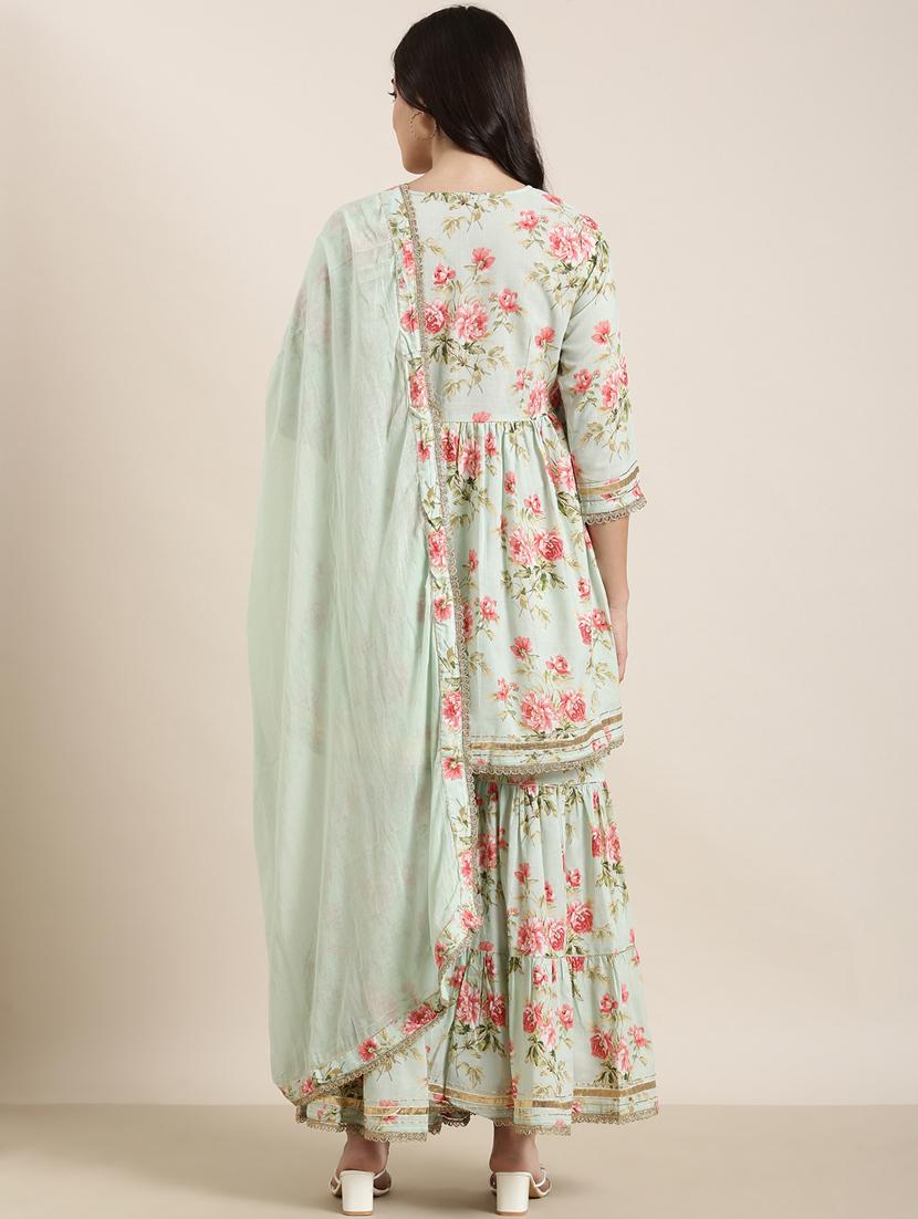 women sea green floral printed kurta sharara set with dupatta - 20961206 - Standard Image - 3