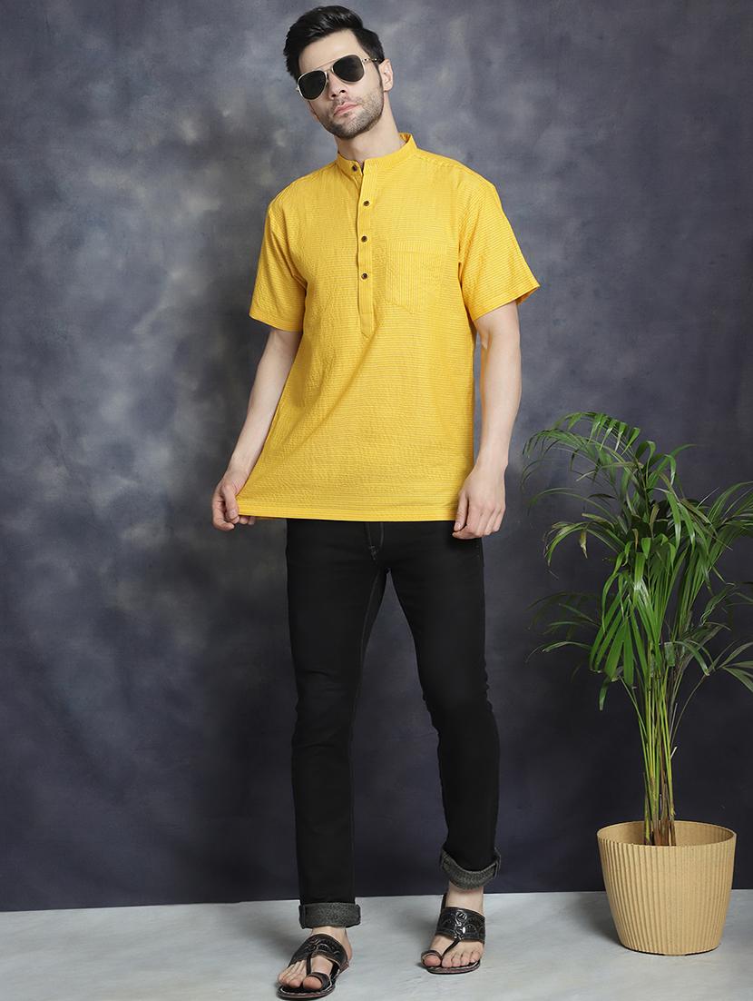 yellow striped printed detailed short kurta - 20961279 - Standard Image - 3