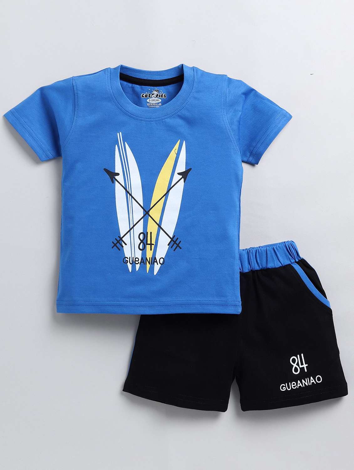 boys round neck graphic printed shorts set