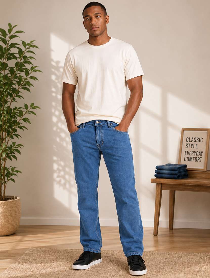 men washed straight mid-rise jeans 