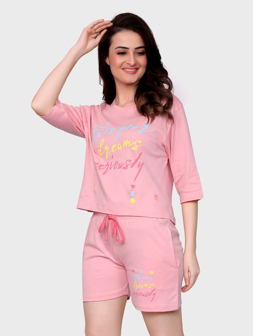 women pink printed detailed top & shorts set