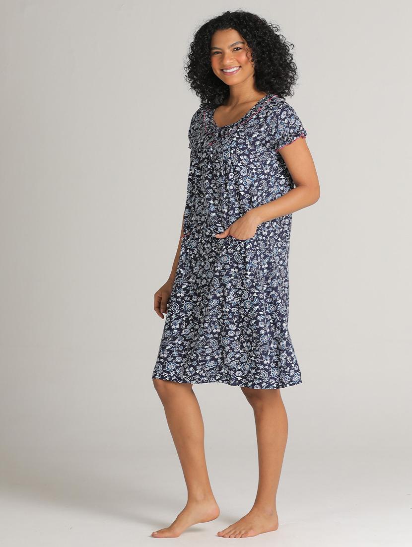 women navy blue printed detailed night dress