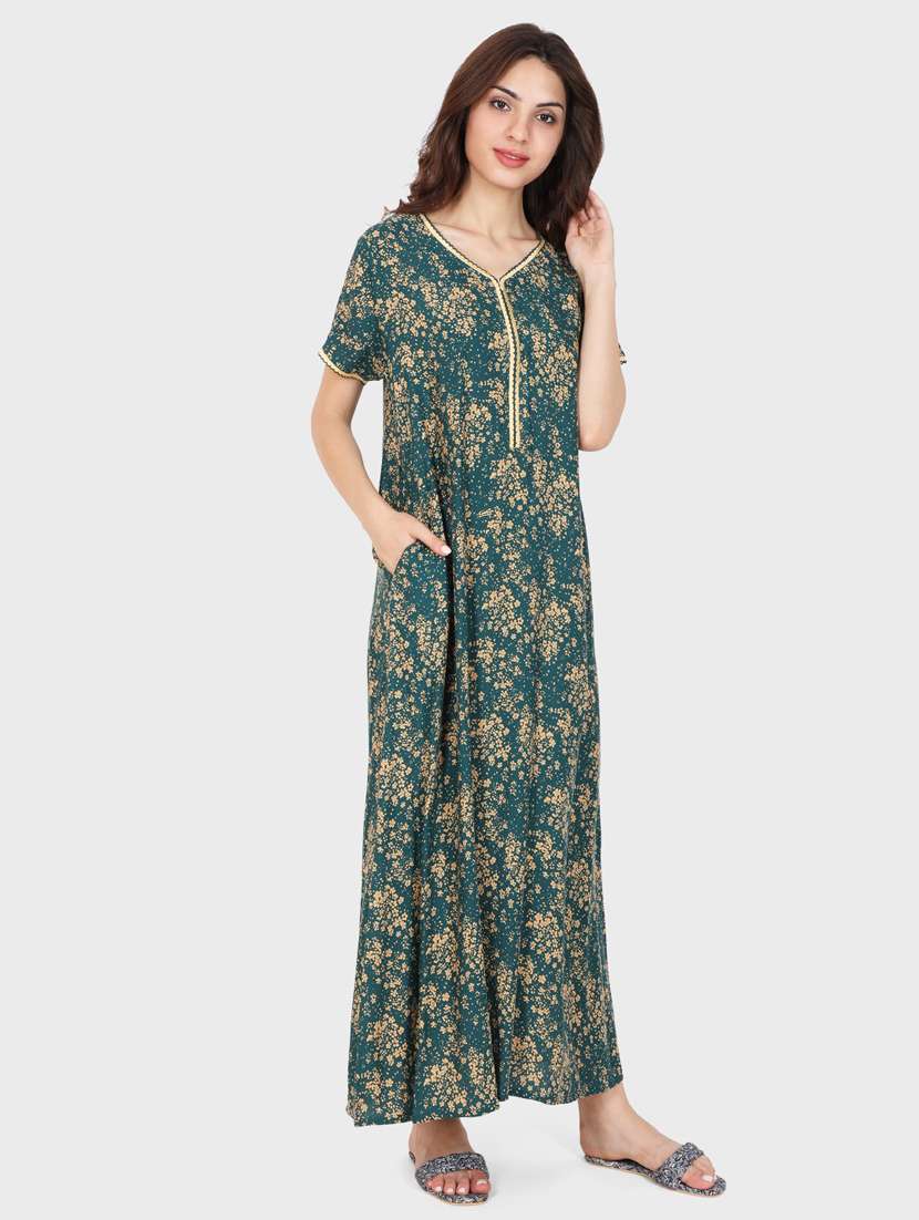 women green printed short sleeves nighties