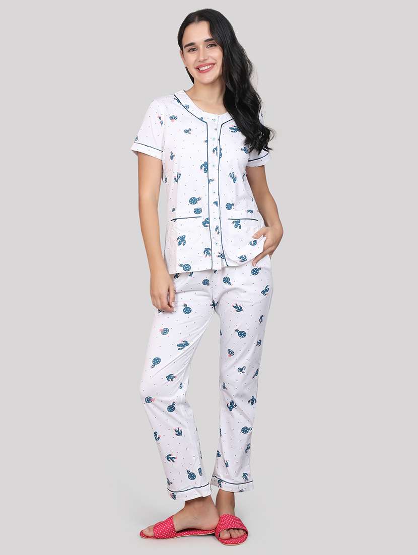 women white printed shirt & pyjama set