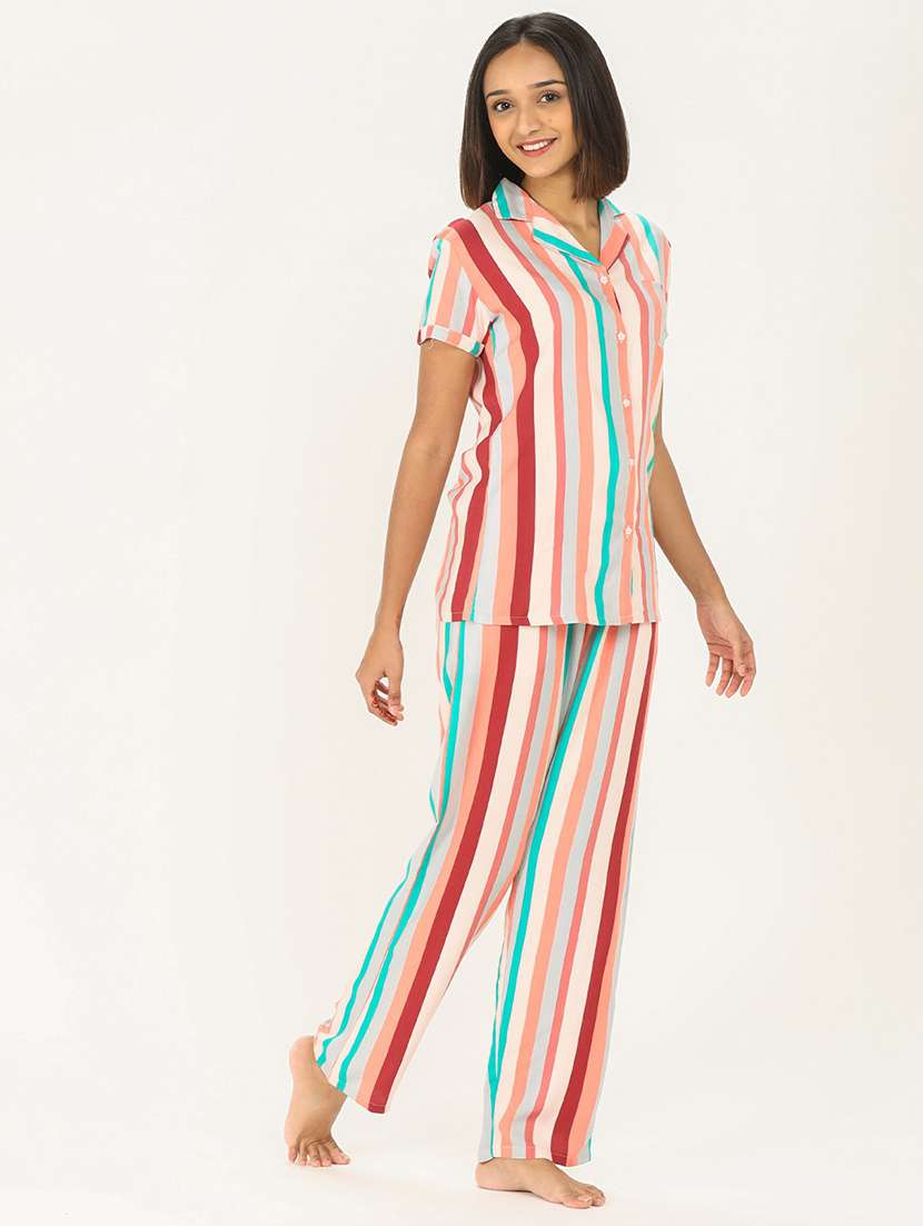 multi coloured striped detailed shirt & pyjama set - 20962066 -  Zoom Image - 0