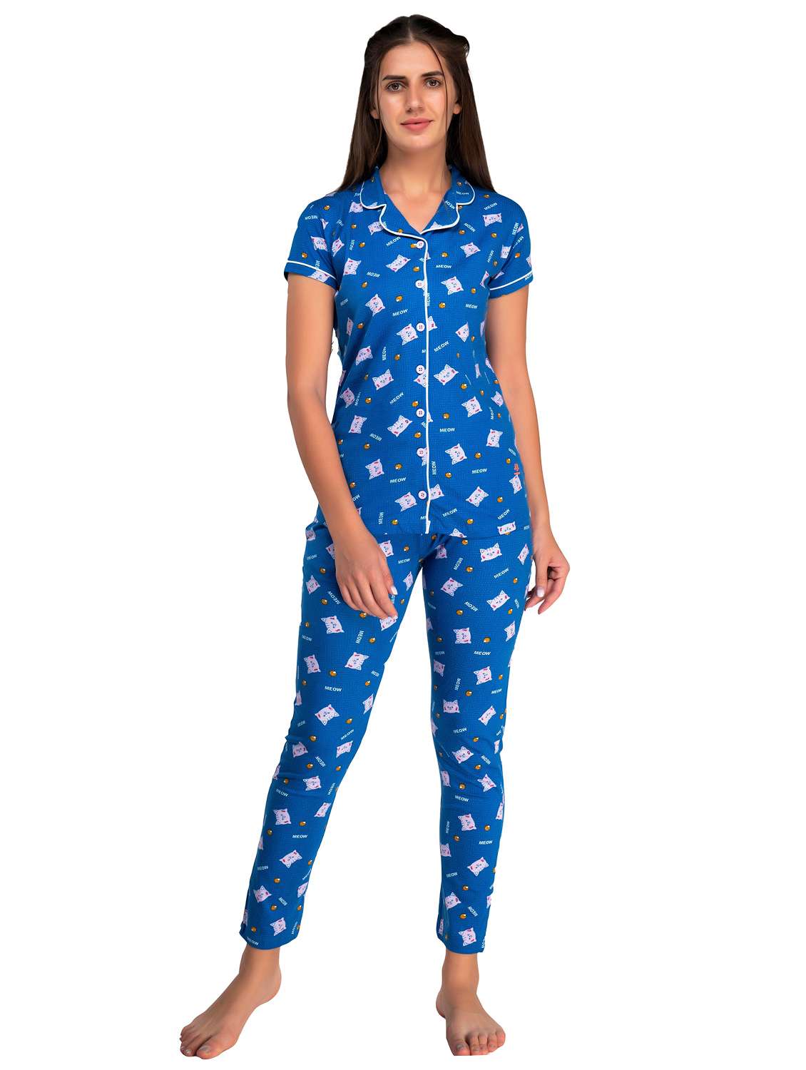 women lapel neck printed pyjama nightwear set