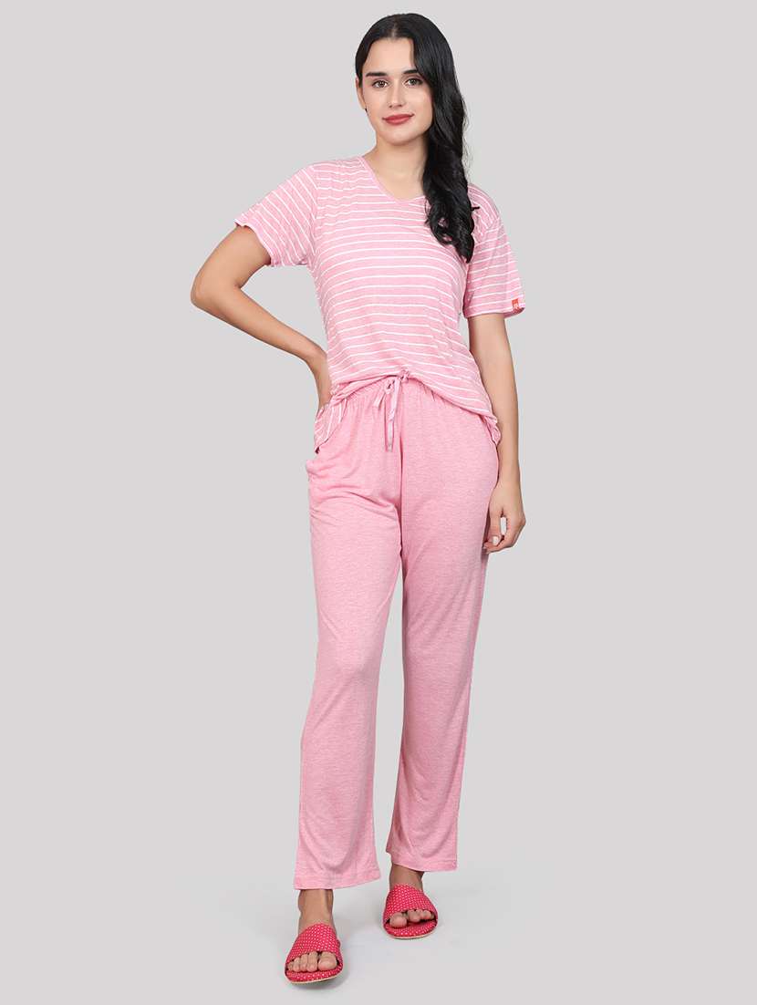 pink striped printed detailed top & pyjama set
