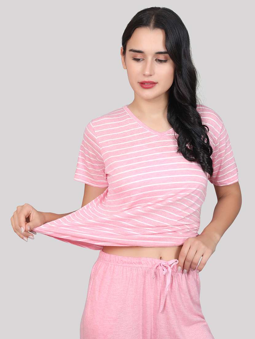 pink striped printed detailed top & pyjama set - 20962106 -  Standard Image - 3